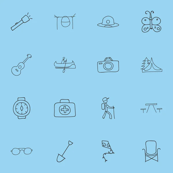 Set van 16 bewerkbare reis iconen. Bevat symbolen zoals boot, fotograferen, kamp huis en nog veel meer. Kan worden gebruikt voor Web, Mobile, Ui en Infographic Design. — Stockvector