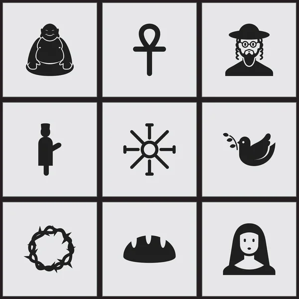 Uppsättning av 9 redigerbara Religion ikoner. Innehåller symboler som till exempel hebreiska, duva, tiggeri och mer. Kan användas för webb-, mobil-, Ui- och Infographic Design. — Stock vektor