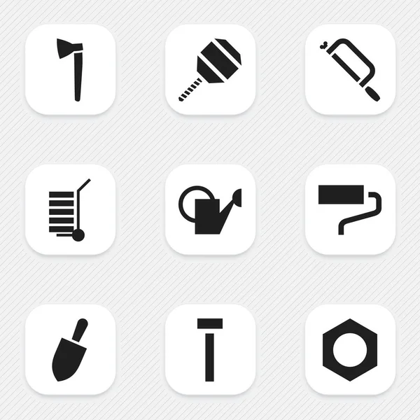 Set von 9 editierbaren Ausrüstungssymbolen. beinhaltet Symbole wie Handsäge, Schaufel, Bauverschluss. kann für Web-, Mobil-, UI- und Infografik-Design verwendet werden. — Stockvektor