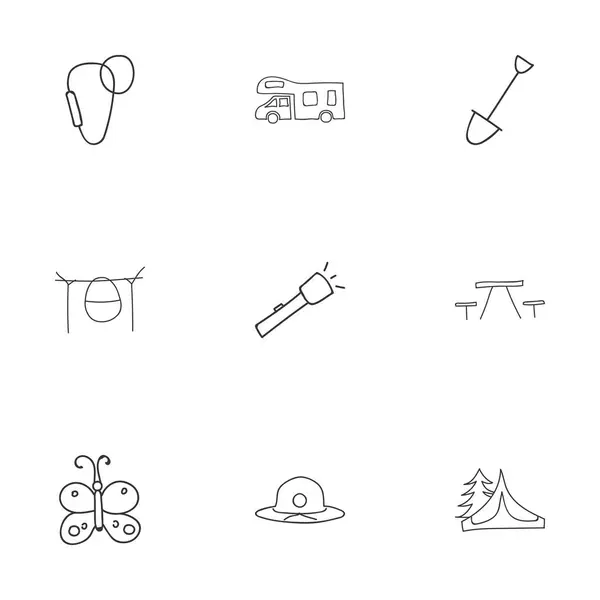 Set Of 9 Editable Travel Icons. Includes Symbols Such As Beach Hat, Caravan, Carabine And More. Can Be Used For Web, Mobile, UI And Infographic Design. — Stock Vector