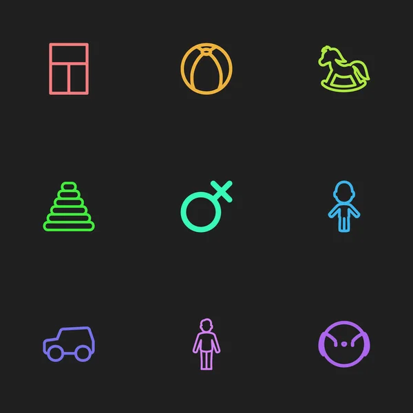 Set Of 9 Editable Folks Icons. Includes Symbols Such As Balcony, Girl, Tower And More. Can Be Used For Web, Mobile, UI And Infographic Design. — Stock Vector