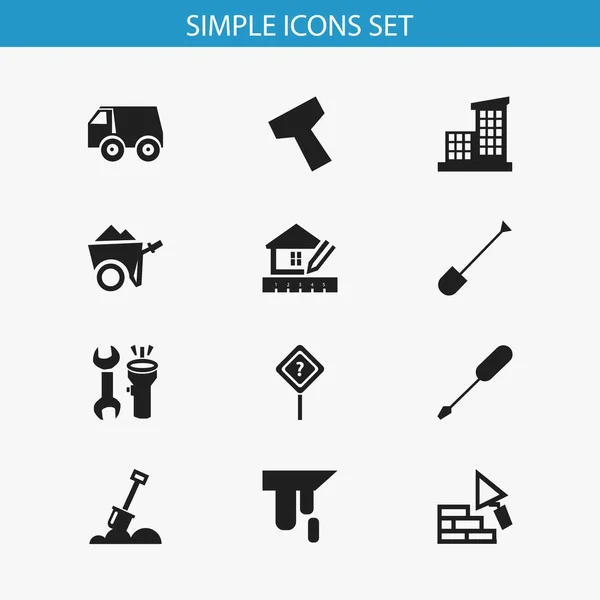 Uppsättning av 12 redigerbara byggnad ikoner. Innehåller symboler som Spade, handkärra, verktyg. Kan användas för webb-, mobil-, Ui- och Infographic Design. — Stock vektor