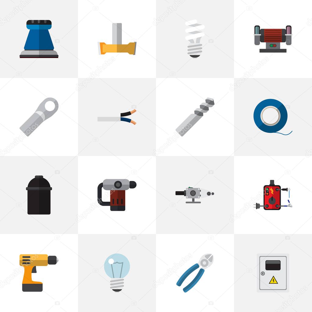 Set Of 16 Editable Instruments Icons. Includes Symbols Such As Emery Paper, Adhesive, Orifice And More. Can Be Used For Web, Mobile, UI And Infographic Design.