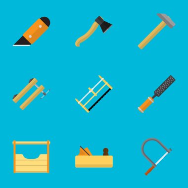 9 düzenlenebilir araçları simgeler kümesi. Aletleri, ipçik, testere gibi simgeler içerir. Web, mobil, UI ve Infographic tasarımı için kullanılabilir.