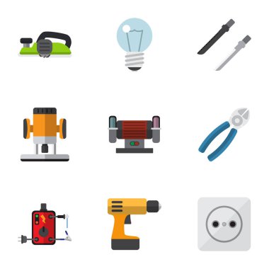 9 düzenlenebilir aletleri simgeler kümesi. Ampul, Jointer, Nipper ve daha fazlası gibi simgeler içerir. Web, mobil, UI ve Infographic tasarımı için kullanılabilir.