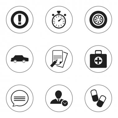 9 düzenlenebilir karmaşık simgeler kümesi. Araba, dosya, dikkat ve daha fazlası gibi simgeler içerir. Web, mobil, UI ve Infographic tasarımı için kullanılabilir.