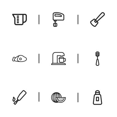 9 düzenlenebilir yemek simgeler kümesi. Küçük bir mutfak, çatal bıçak, macun ve daha fazlası gibi simgeler içerir. Web, mobil, UI ve Infographic tasarımı için kullanılabilir.