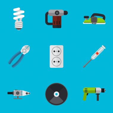9 düzenlenebilir elektrik simgeler kümesi. Çivi, Jointer, Nipper ve daha ekleme gibi simgeleri içerir. Web, mobil, UI ve Infographic tasarımı için kullanılabilir.