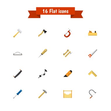 16 düzenlenebilir enstrüman simgeler kümesi. Zımpara kağıdı, Jointer, metre ve daha fazla gibi simgeler içerir. Web, mobil, UI ve Infographic tasarımı için kullanılabilir.