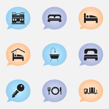 9 düzenlenebilir Plaza simgeler kümesi. Duş, Residence, yatak ve daha fazlası gibi simgeler içerir. Web, mobil, UI ve Infographic tasarımı için kullanılabilir.