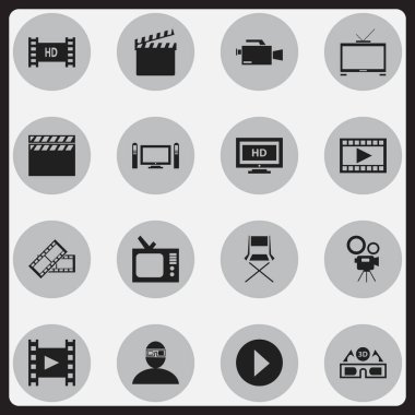 16 düzenlenebilir sinema simgeler kümesi. Retro Tv, kamera, sandalye ve daha fazlası gibi simgeler içerir. Web, mobil, UI ve Infographic tasarımı için kullanılabilir.