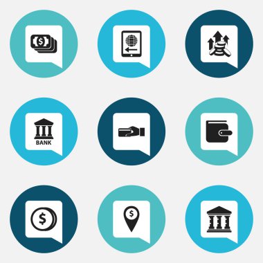 9 düzenlenebilir Finans simgeler kümesi. Nakit, dolar, Müzesi ve daha fazlası gibi simgeler içerir. Web, mobil, UI ve Infographic tasarımı için kullanılabilir.