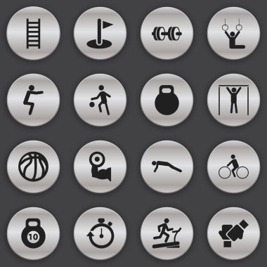 16 düzenlenebilir sağlıklı simgeler kümesi. Gücü, halter, dayağı ve daha fazlası gibi simgeler içerir. Web, mobil, UI ve Infographic tasarımı için kullanılabilir.