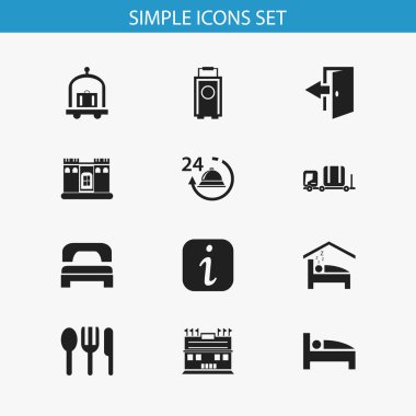 12 düzenlenebilir Motel simgeler kümesi. Sembolleri uyku gibi Resepsiyon, kale ve daha fazlasını içerir. Web, mobil, UI ve Infographic tasarımı için kullanılabilir.