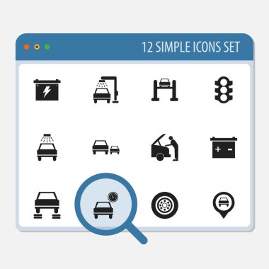 12 düzenlenebilir araç simgeler kümesi. Yarış, belirlemekte, araç yıkama ve daha fazlası gibi simgeler içerir. Web, mobil, UI ve Infographic tasarımı için kullanılabilir.