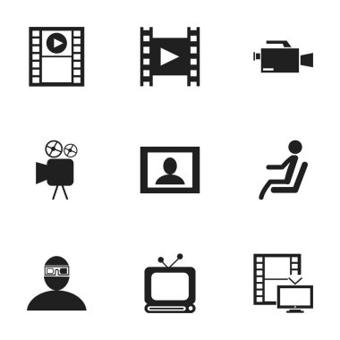 9 düzenlenebilir filme simgeler kümesi. Seyirci, koltuk, kamera şerit ve daha fazlası gibi simgeler içerir. Web, mobil, UI ve Infographic tasarımı için kullanılabilir.
