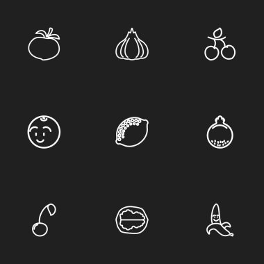 9 düzenlenebilir mutfak eşyaları simgeler kümesi. Cevizli, şalgam, kiraz ve daha fazlası gibi simgeler içerir. Web, mobil, UI ve Infographic tasarımı için kullanılabilir.