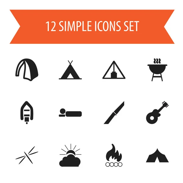Set von 12 editierbaren Campingsymbolen. beinhaltet Symbole wie Fels, Pyramide, Zuflucht und mehr. kann für Web-, Mobil-, UI- und Infografik-Design verwendet werden. — Stockvektor