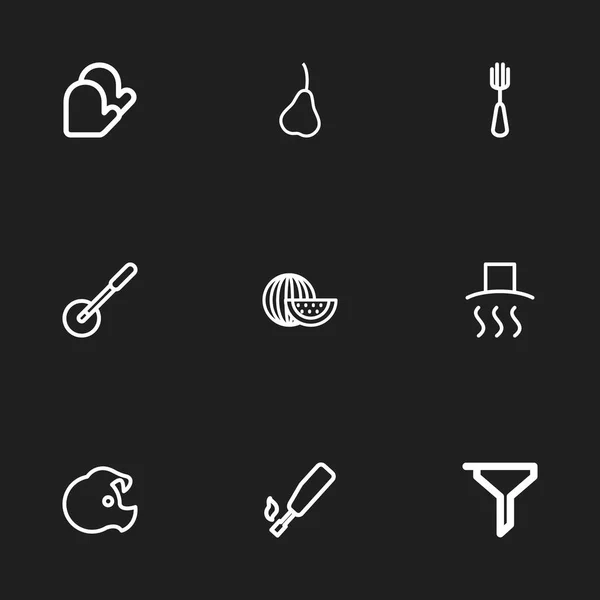 Készlet 9 szerkeszthető élelmiszer-ikonok. Evőeszközök, Pizza penge, dinnye szeletet, és szimbólumokat tartalmaz. Lehet használni a Web, mobil, Ui és Infographic Design. — Stock Vector