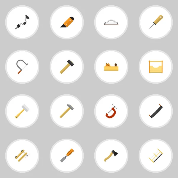 Conjunto de 16 iconos de herramientas editables. Incluye símbolos tales como bóer, papel esmeril, Clinch y más. Puede ser utilizado para el diseño de la tela, móvil, interfaz de usuario e infografía . — Vector de stock