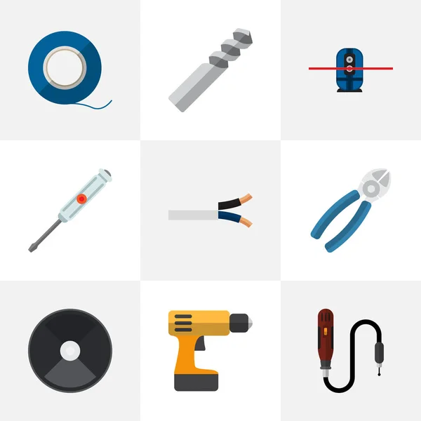 Conjunto de 9 iconos de instrumentos editables. Incluye símbolos como Auger, Geodesist, Cable y más. Puede ser utilizado para el diseño de la tela, móvil, interfaz de usuario e infografía . — Vector de stock