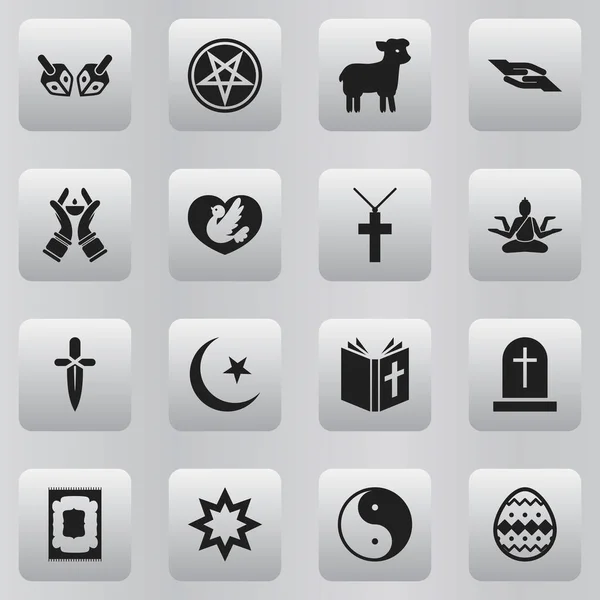 Conjunto de 16 iconos de religión editables. Incluye símbolos tales como ovejas del sacrificio, alfombra musulmana, cruz cristiana y más. Puede ser utilizado para el diseño de la tela, móvil, interfaz de usuario e infografía . — Archivo Imágenes Vectoriales