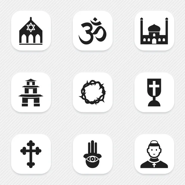 Набір з 9 для редагування релігії іконок. Включає в себе символи таких очей з боку, Христос вінок, релігійних знак. Може використовуватися для веб, мобільні, призначеного для користувача інтерфейсу і інфографіки дизайн. — стоковий вектор