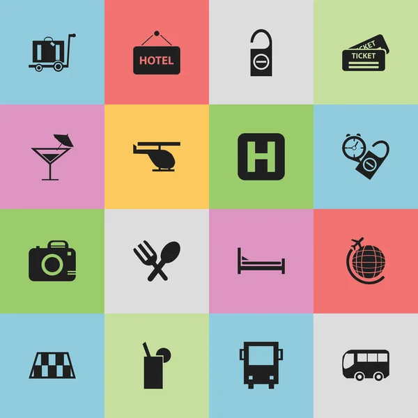 Conjunto de 16 iconos de vacaciones editables. Incluye símbolos como cubiertos, tablero de bienvenida, autobus y más. Puede ser utilizado para el diseño de la tela, móvil, interfaz de usuario e infografía . — Vector de stock