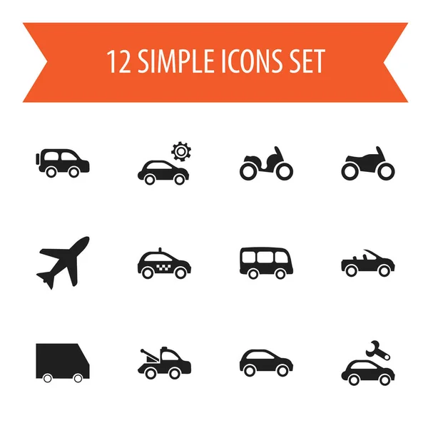 12 可编辑交通图标集。包括摩托车、 助力车、 观光巴士等符号。可用于 Web、 移动、 Ui 和数据图表设计. — 图库矢量图片