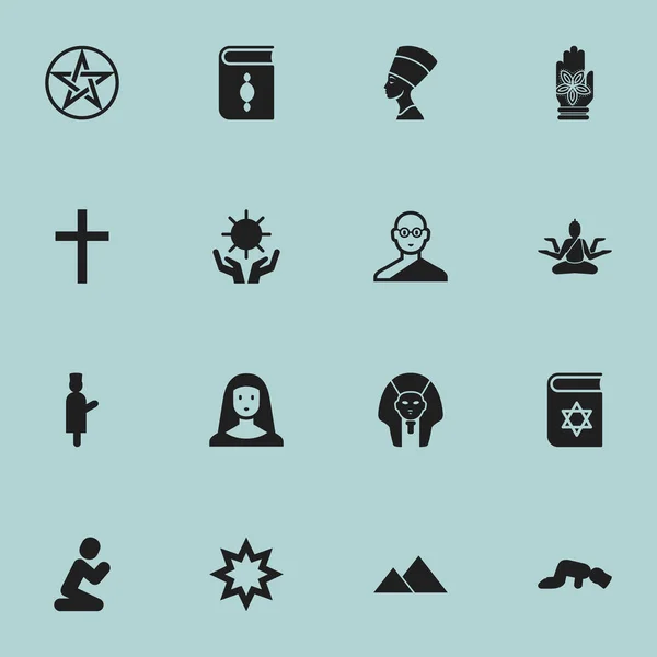 Set di 16 icone di religione modificabili. Include simboli come frate, solare, sarcofago e altro ancora. Può essere utilizzato per la progettazione web, mobile, UI e infografica . — Vettoriale Stock