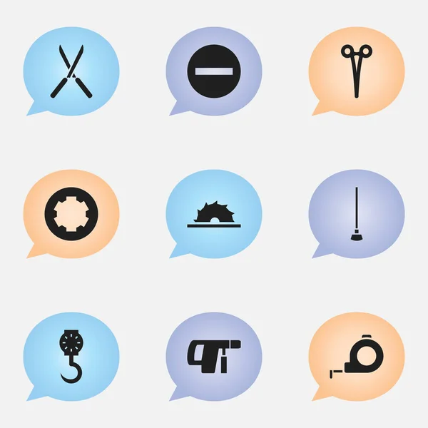 Conjunto de 9 iconos de herramientas editables. Incluye símbolos como menos, tijeras de jardín, equipos y más. Puede ser utilizado para el diseño de la tela, móvil, interfaz de usuario e infografía . — Vector de stock