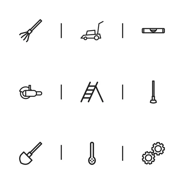 Ensemble de 9 icônes d'outils modifiables. Comprend des symboles tels que broyeur, tondeuse à gazon, escalier et plus. Peut être utilisé pour le Web, mobile, interface utilisateur et infographie . — Image vectorielle