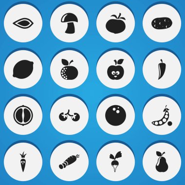16 düzenlenebilir gıda simgeler kümesi. Komik elma, narenciye, şalgam ve daha fazlası gibi simgeler içerir. Web, mobil, UI ve Infographic tasarımı için kullanılabilir.