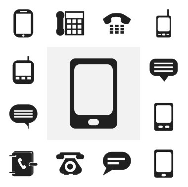 12 düzenlenebilir telefon simgeler kümesi. Adres defteri, telekomünikasyon, alıcı-verici ve daha fazlası gibi simgeler içerir. Web, mobil, UI ve Infographic tasarımı için kullanılabilir.