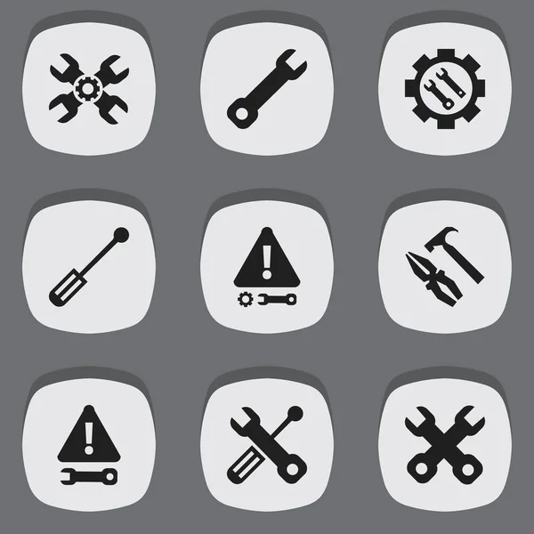 Set di 9 icone di riparazione modificabili. Include simboli come impostazioni, chiave inglese, chiave inglese e altro ancora. Può essere utilizzato per la progettazione web, mobile, UI e infografica . — Vettoriale Stock