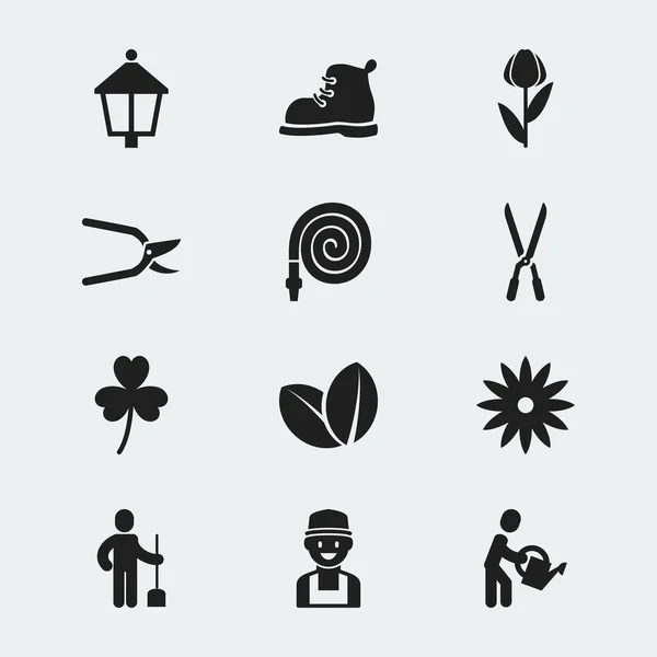 Set di 12 icone di giardinaggio modificabili. Include simboli come Digger umano, Hosepipe, Alstroemeria e altro ancora. Può essere utilizzato per la progettazione web, mobile, UI e infografica . — Vettoriale Stock