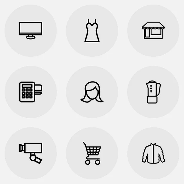 Set de 9 iconos de compras editables. Incluye símbolos como rostro de mujer, cesta, cárdigan y más. Puede ser utilizado para el diseño de la tela, móvil, interfaz de usuario e infografía . — Vector de stock