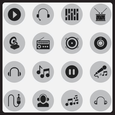 16 düzenlenebilir şarkı simgeler kümesi. Stereo fiş, fonograf ve daha fazla gibi simgeler içerir. Web, mobil, UI ve Infographic tasarımı için kullanılabilir.