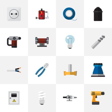 16 düzenlenebilir elektrik simgeler kümesi. Lehimler, rozet, tutucu ve daha fazlası gibi simgeler içerir. Web, mobil, UI ve Infographic tasarımı için kullanılabilir.