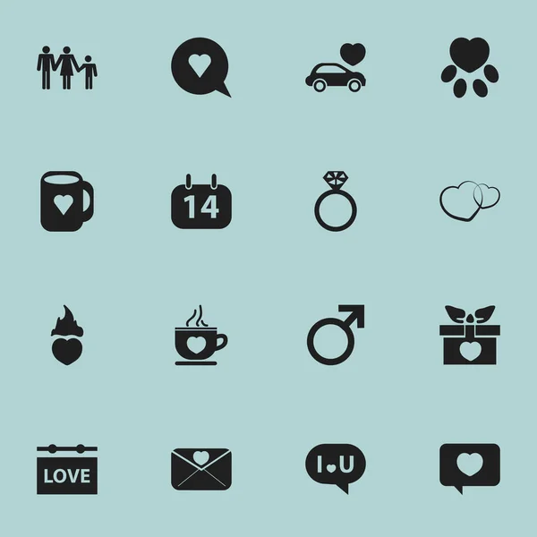 Set von 16 editierbaren Herzsymbolen. enthält Symbole wie Kalender, Beichte, Auto und mehr. kann für Web-, Mobil-, UI- und Infografik-Design verwendet werden. — Stockvektor