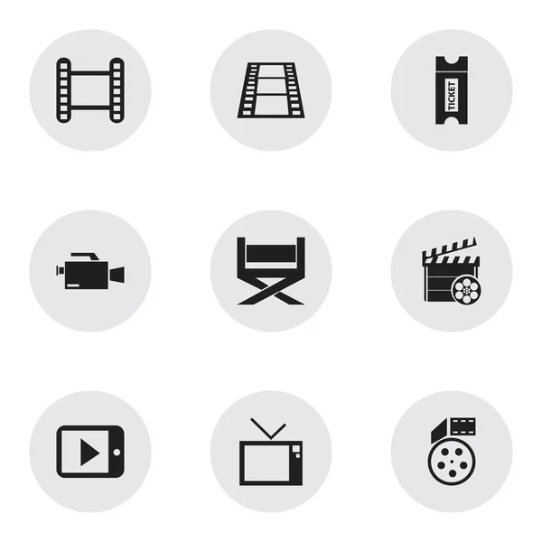 Set de 9 iconos de películas editables. Incluye símbolos tales como tira de la película, juego de la tableta, televisión retro y más. Puede ser utilizado para el diseño de la tela, móvil, interfaz de usuario e infografía . — Vector de stock