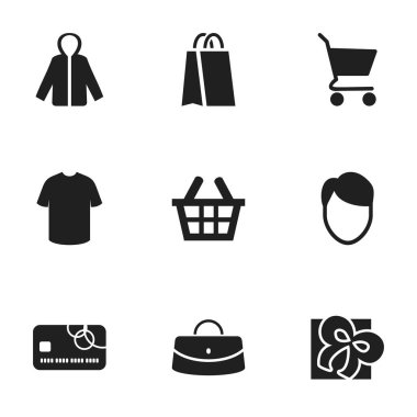 9 düzenlenebilir alışveriş simgeler kümesi. Alışveriş çantası, kredi kartı, sepet ve daha fazlası gibi simgeler içerir. Web, mobil, UI ve Infographic tasarımı için kullanılabilir.