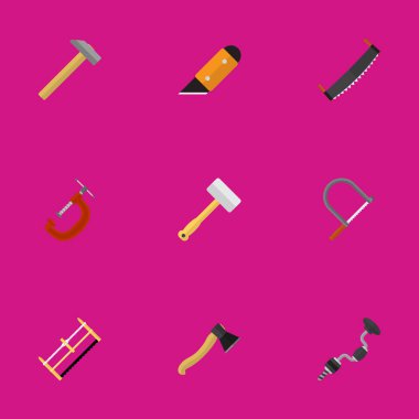 9 düzenlenebilir aparatı simgeler kümesi. Boer, aracı, bıçak ve daha fazlası gibi simgeler içerir. Web, mobil, UI ve Infographic tasarımı için kullanılabilir.