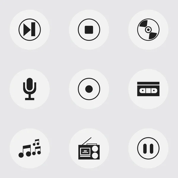 Set von 9 editierbaren Multimedia-Symbolen. enthält Symbole wie Platte, Kassettenspieler, Mikrofon und mehr. kann für Web-, Mobil-, UI- und Infografik-Design verwendet werden. — Stockvektor