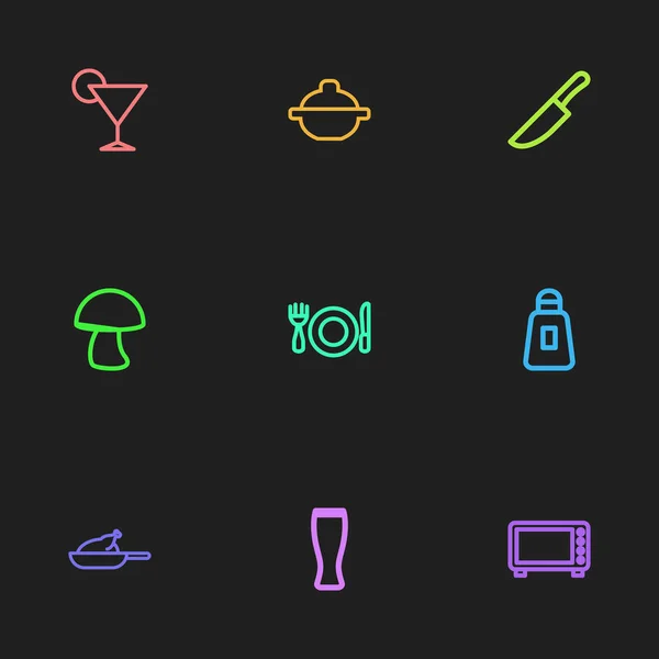 Set de 9 iconos de comidas editables. Incluye símbolos tales como Champignon, sistema, olla de la sopa y más. Puede ser utilizado para el diseño de la tela, móvil, interfaz de usuario e infografía . — Vector de stock