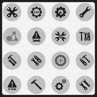 16 düzenlenebilir aracı simgeler kümesi. İngiliz anahtarı onarım, enstrüman, İngiliz anahtarı ve daha fazlası gibi simgeler içerir. Web, mobil, UI ve Infographic tasarımı için kullanılabilir.