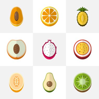 9 düzenlenebilir Berry simgeler kümesi. Egzotik tatlı, Papaya ve Ananas gibi simgeler içerir. Web, mobil, UI ve Infographic tasarımı için kullanılabilir.