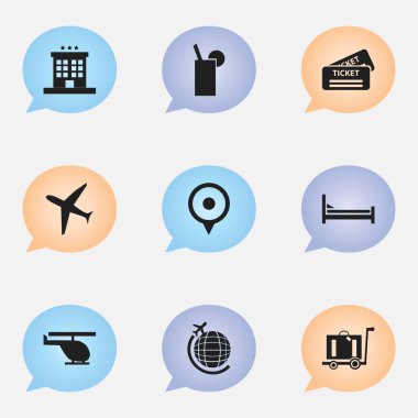 9 düzenlenebilir seyahat simgeler kümesi. Yatak, uçak, helikopter ve daha fazlası gibi simgeler içerir. Web, mobil, UI ve Infographic tasarımı için kullanılabilir.