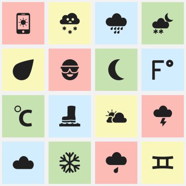 16 düzenlenebilir hava simgeler kümesi. Frozbit, gökyüzü, damla ve daha fazlası gibi simgeler içerir. Web, mobil, UI ve Infographic tasarımı için kullanılabilir.