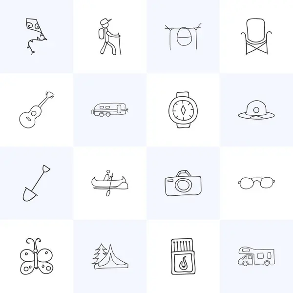 Set van 16 bewerkbare Camping iconen. Bevat symbolen zoals Caravan, boot, fotograferen en meer. Kan worden gebruikt voor Web, Mobile, Ui en Infographic Design. — Stockvector